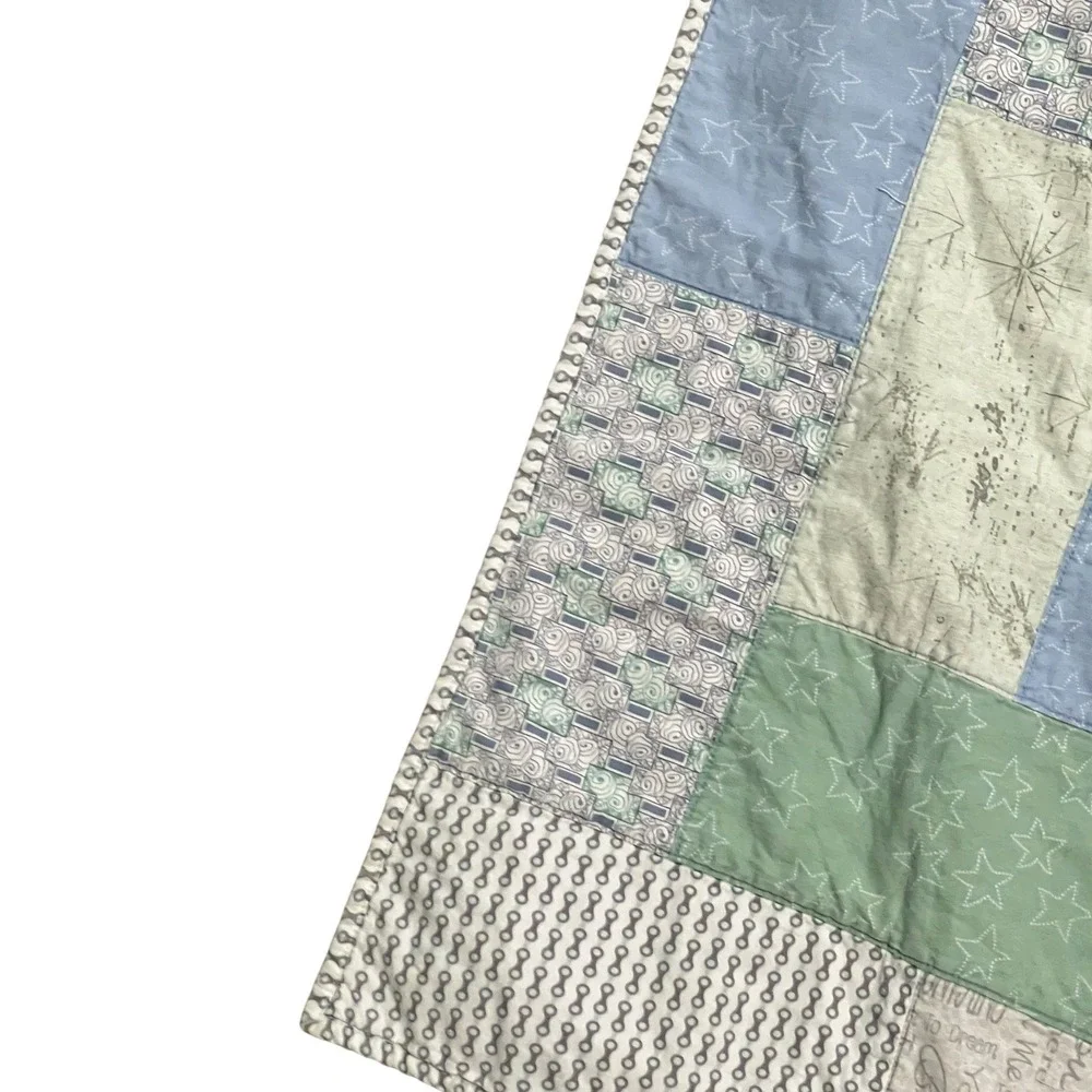 Handmade Patchwork Baby Quilt 44x33 Blue Green Stars Modern Nursery Throw